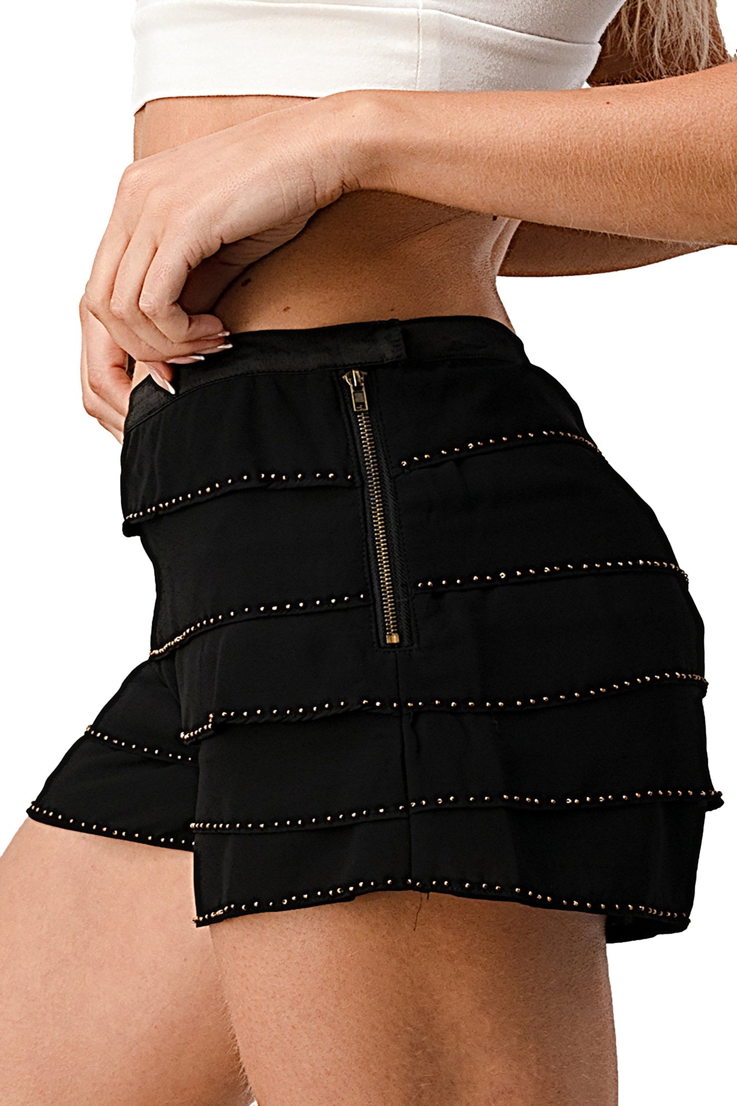 KAII Tiered Beaded Trim Shorts