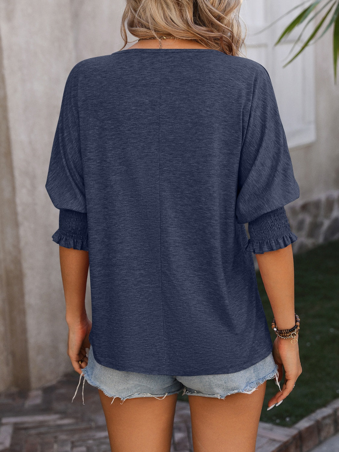 Mandy Heathered Notched Lantern Sleeve Blouse