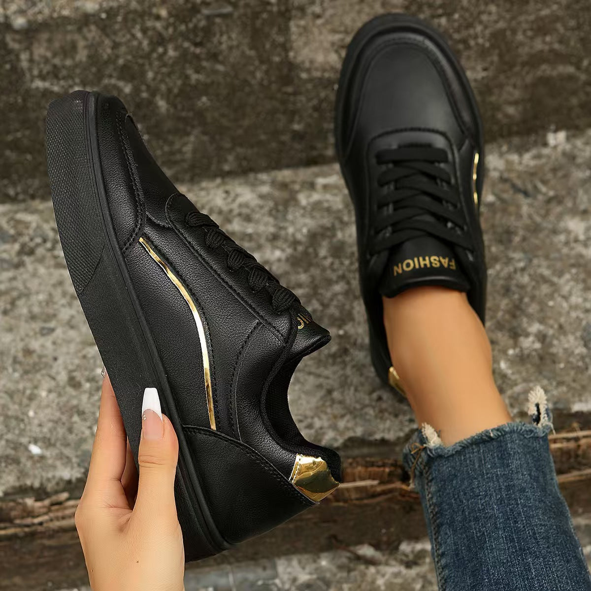 PU Leather Round Toe Flat Sneakers