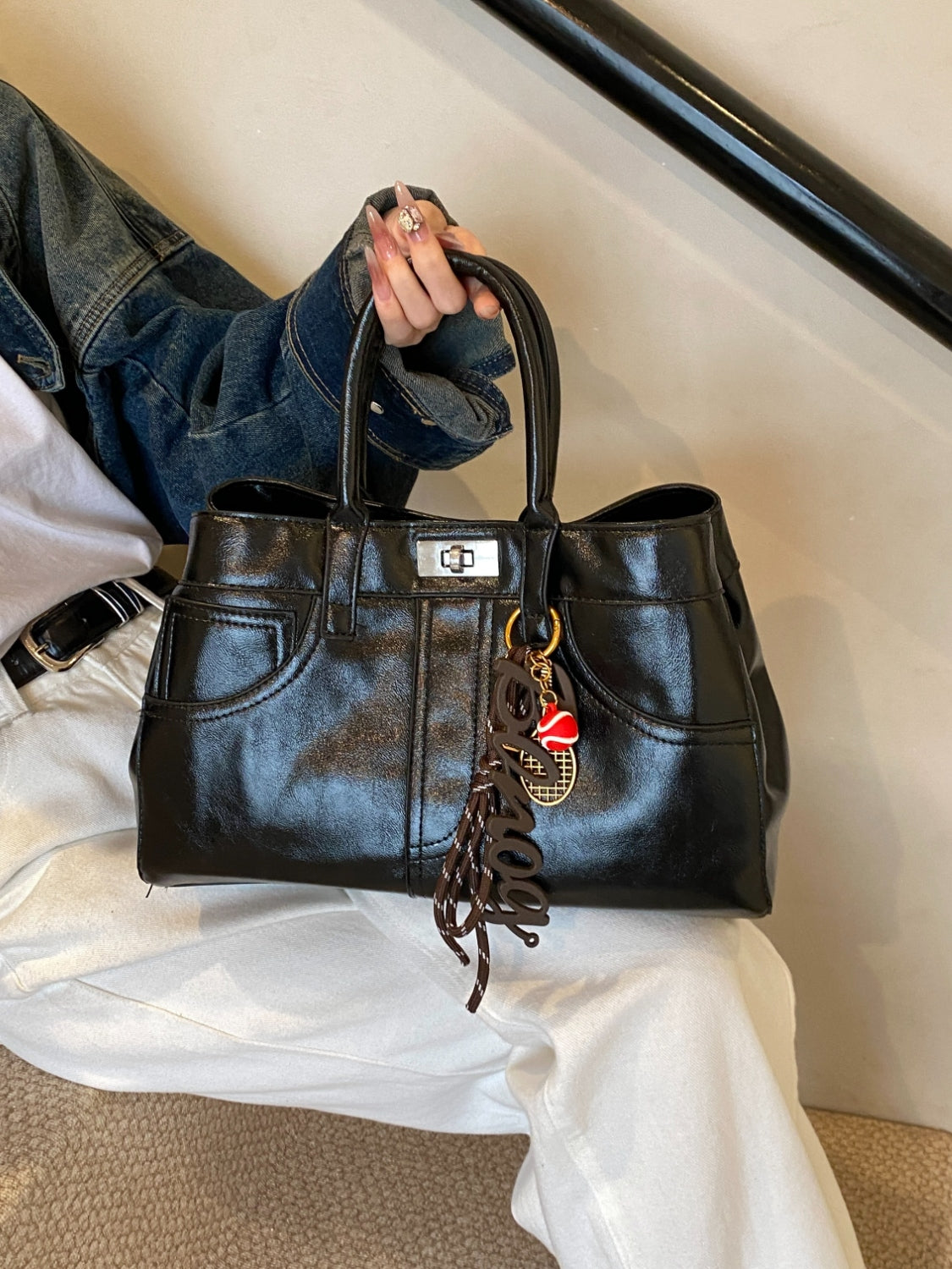 Leather Handbag with Pendant