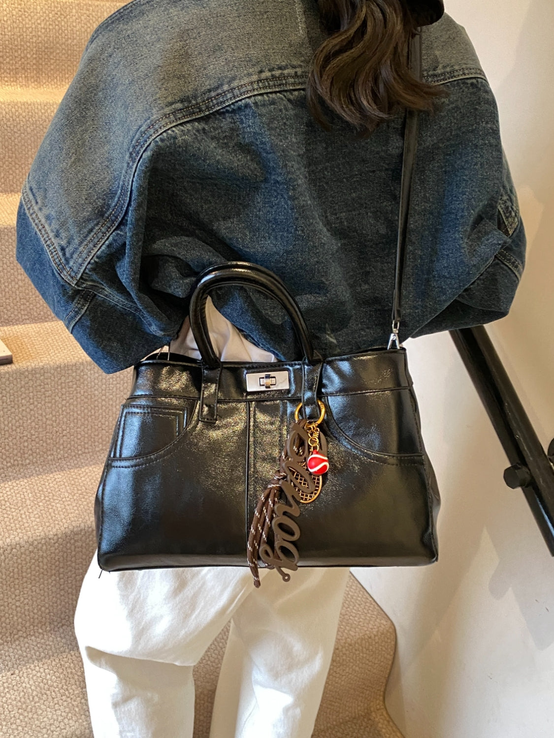 Leather Handbag with Pendant