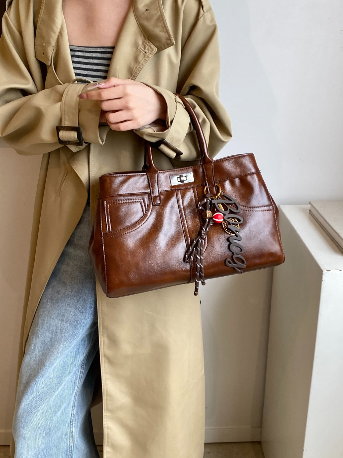 Leather Handbag with Pendant