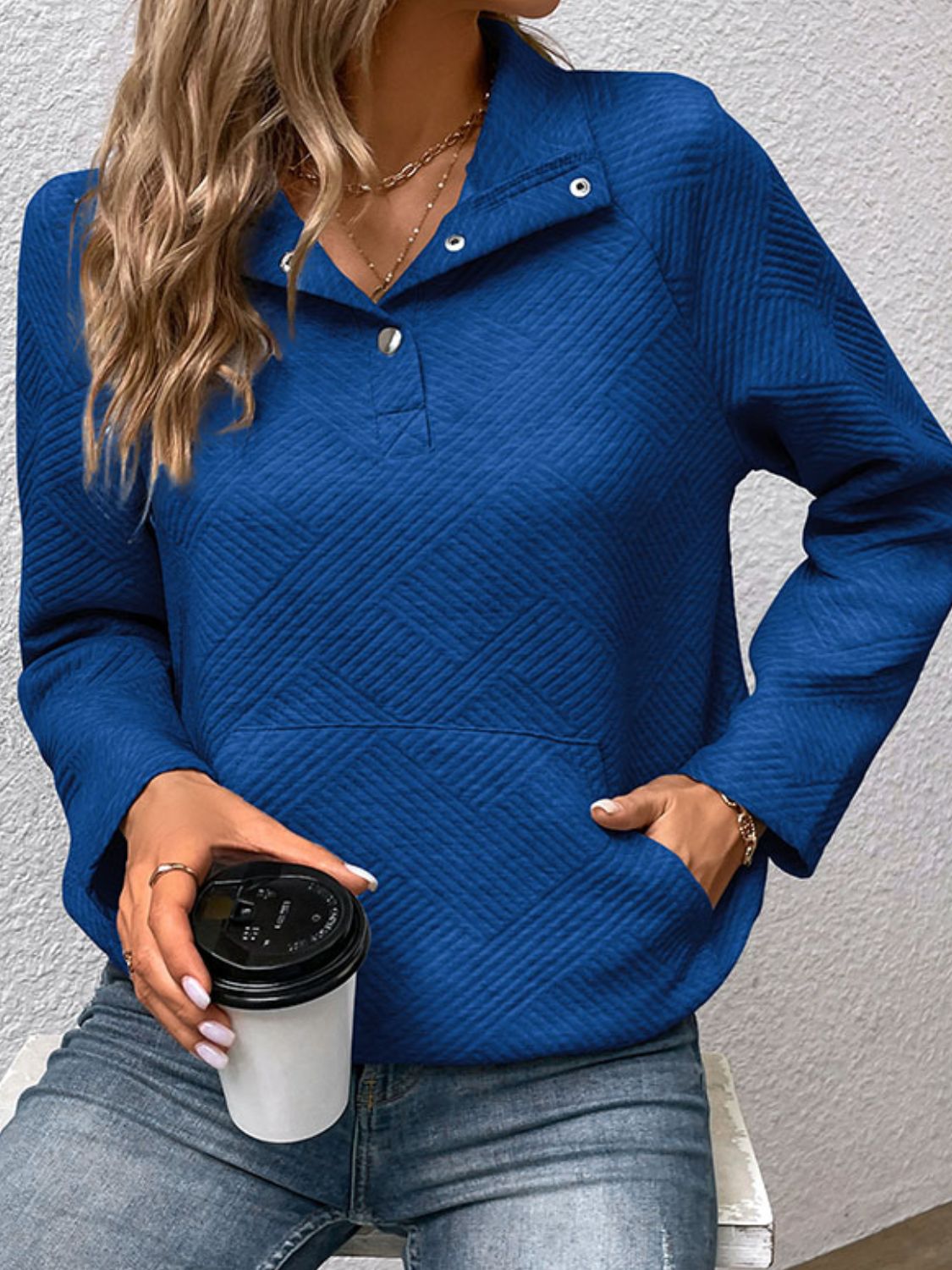 Perfee Half Buttoned Collared Neck Sweatshirt with Pocket