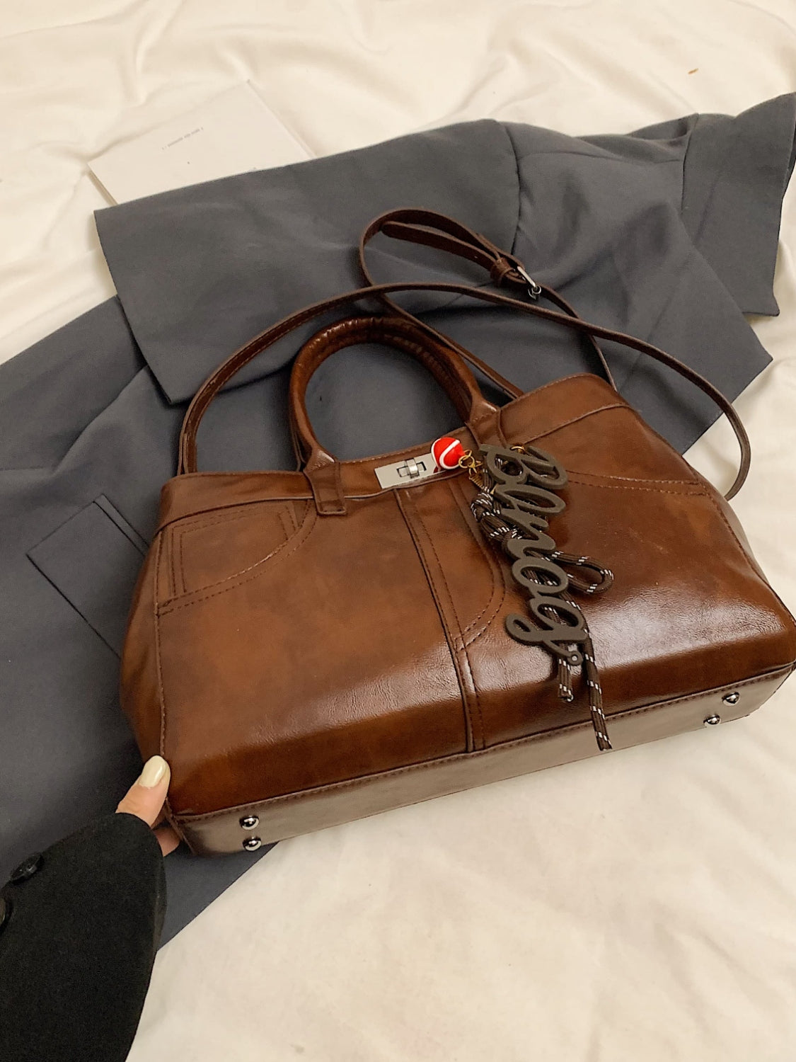 Leather Handbag with Pendant