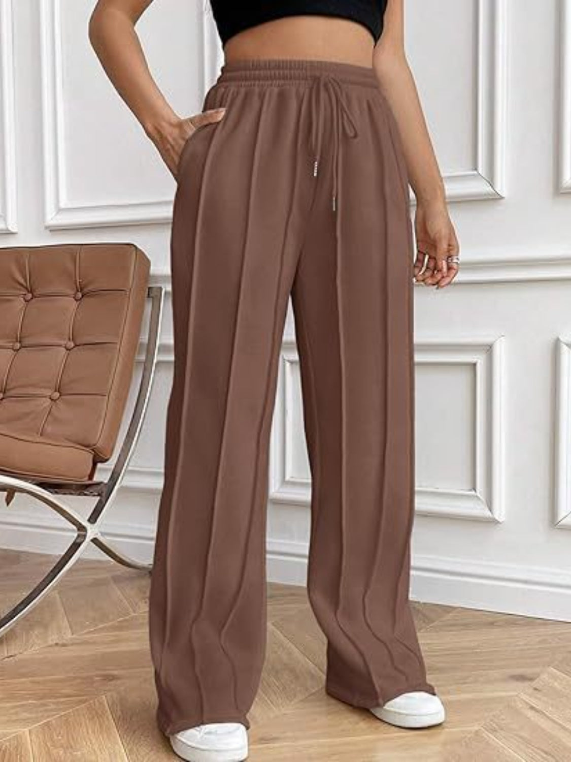 Drawstring Wide Leg Pants with Pockets