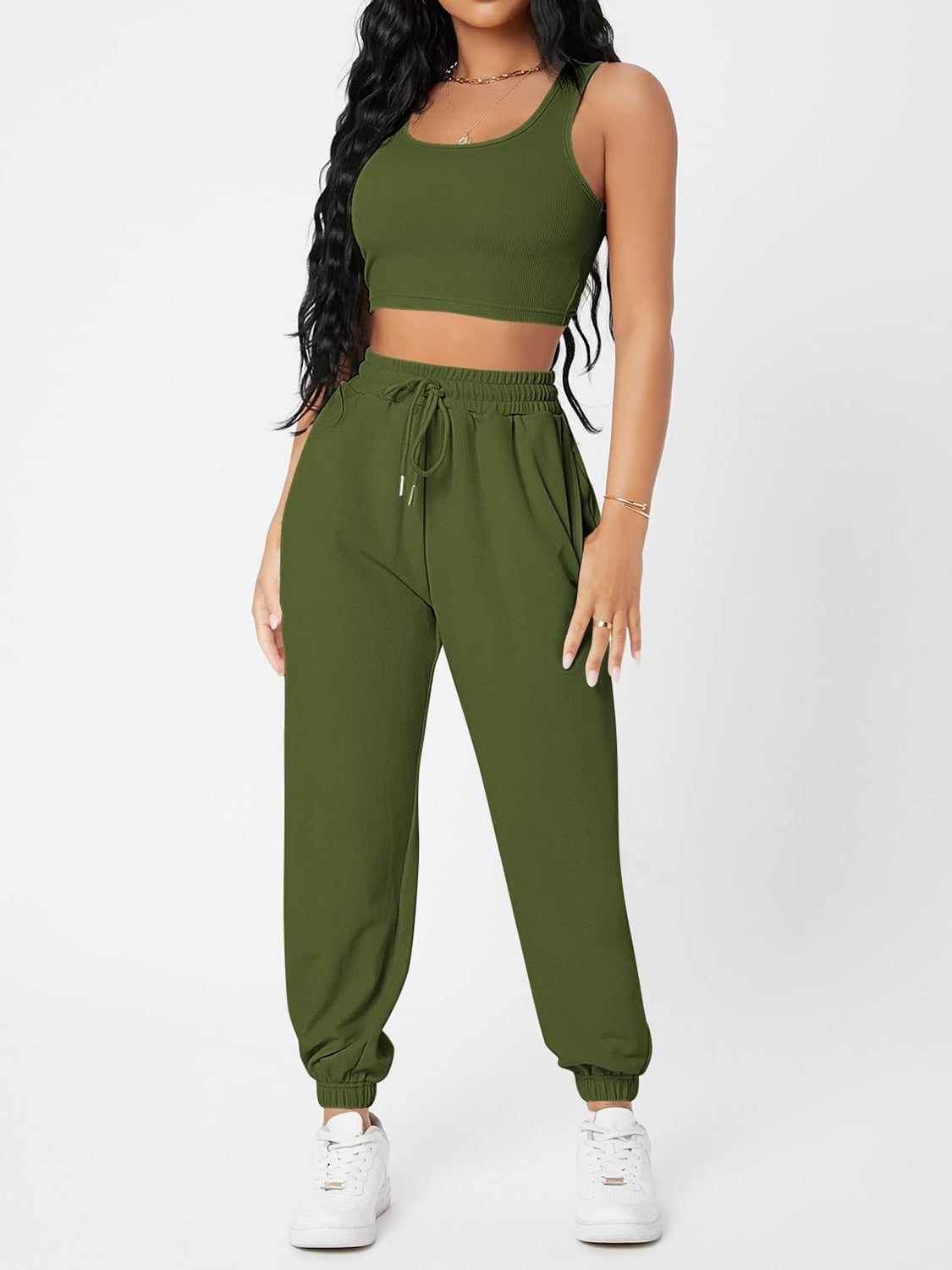 Wide Strap Top and Drawstring Joggers Set