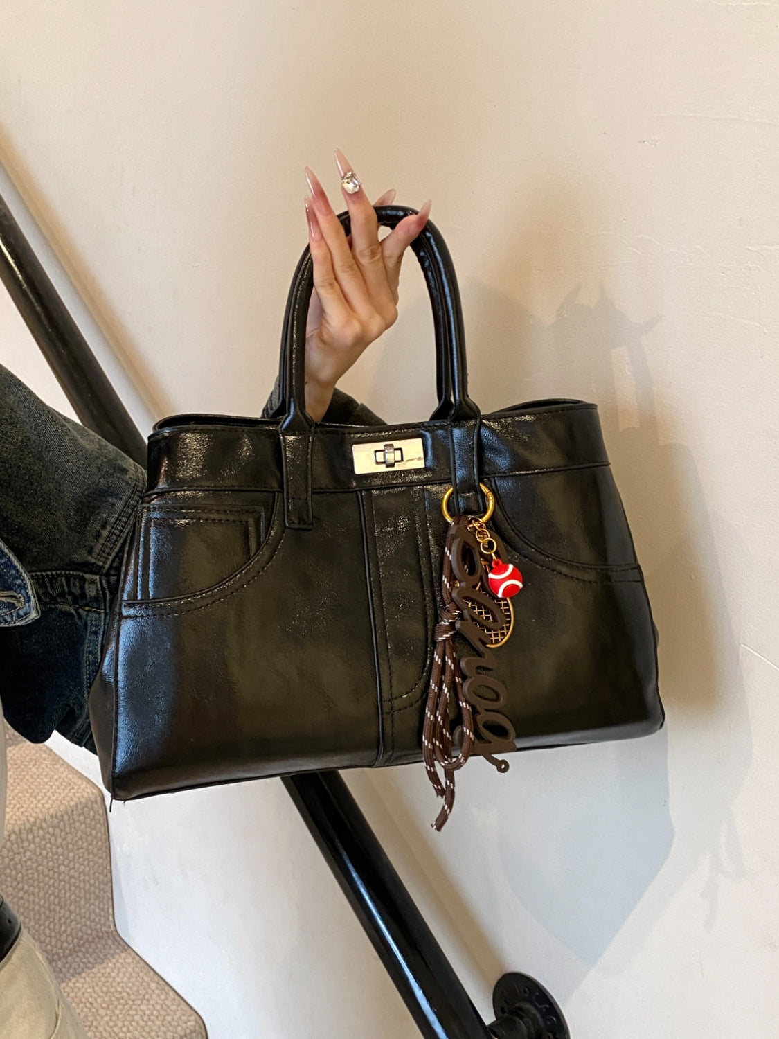 Leather Handbag with Pendant