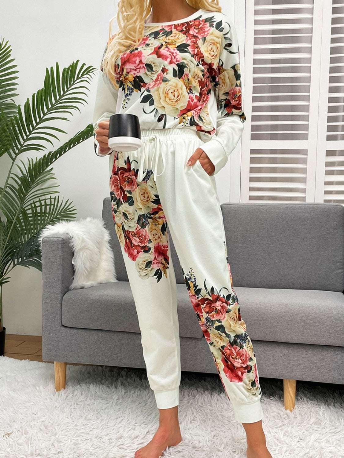 Shiny Printed Round Neck Top and Pants Lounge Set