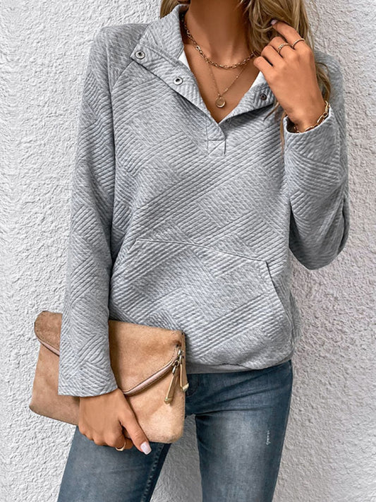 Perfee Half Buttoned Collared Neck Sweatshirt with Pocket