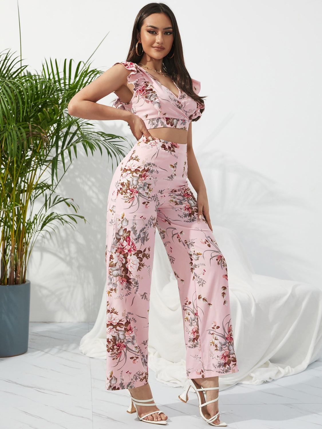 Honey Printed Surplice Cap Sleeve Top and Pants Set