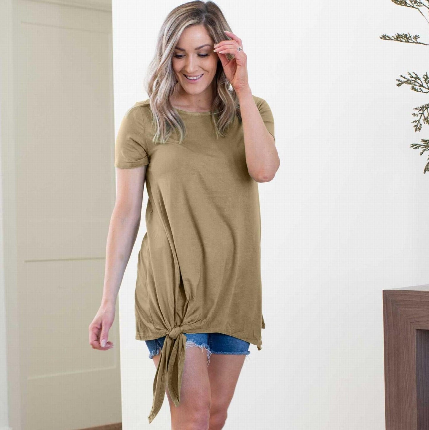 Short Sleeve Round Neck Top With Front Tie Detail