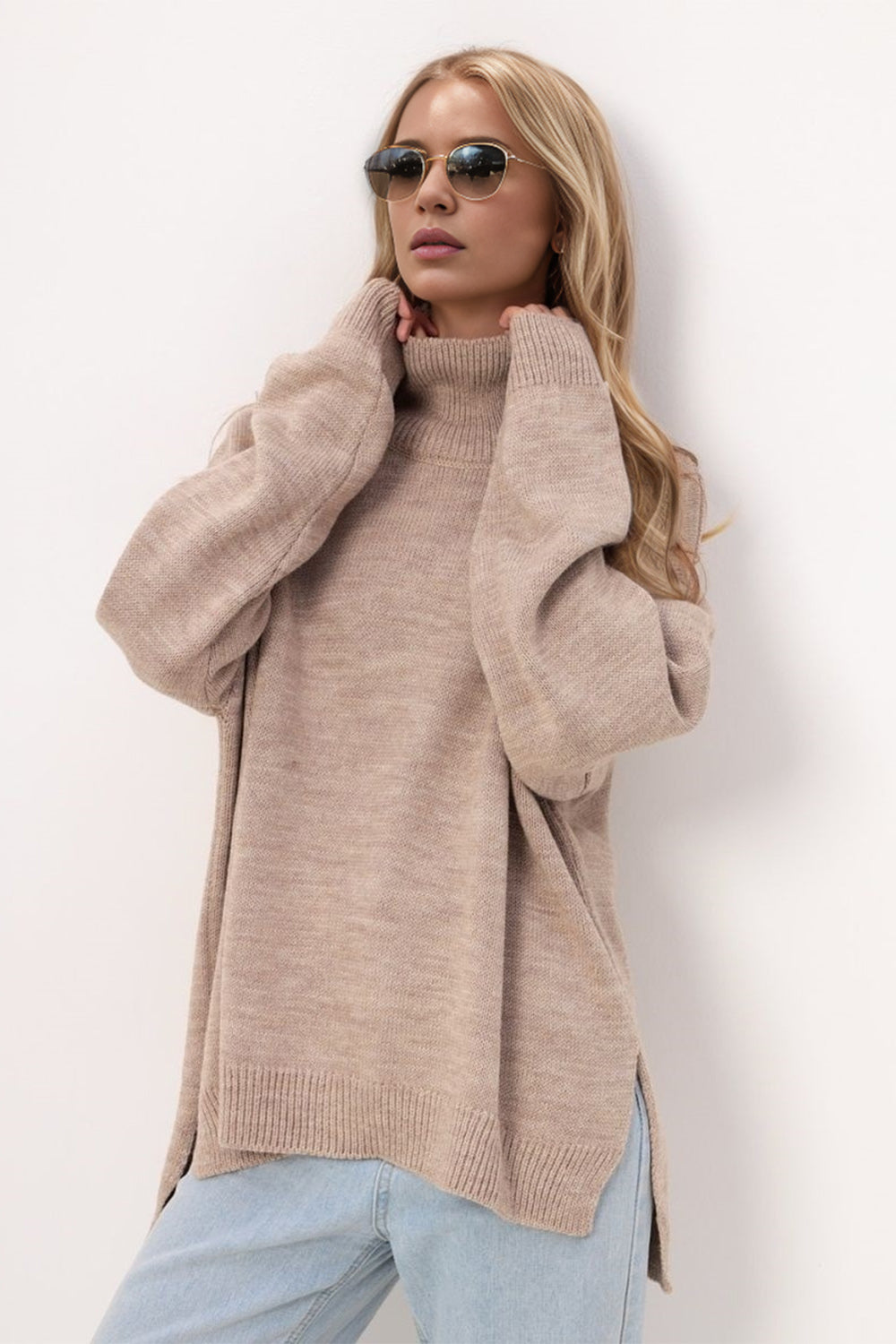 Basic Bae Side Slit Turtleneck Long Sleeve Sweater