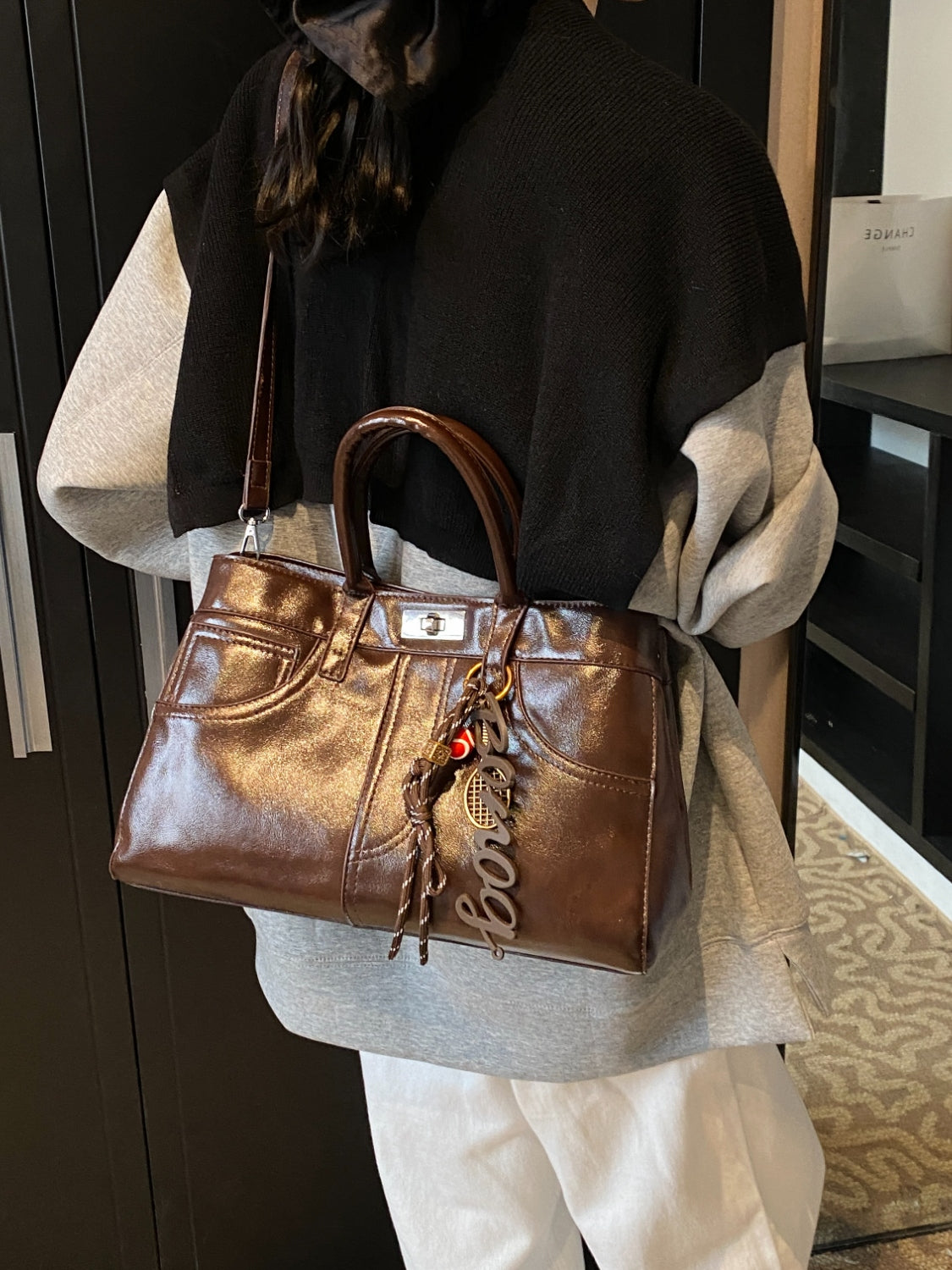 Leather Handbag with Pendant